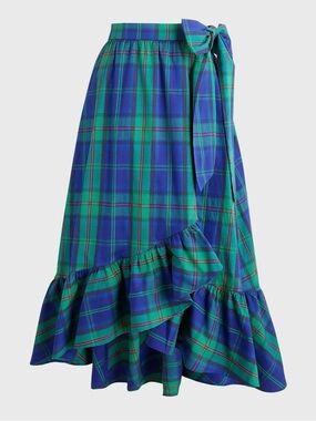 J.Crew Factory Plaid Ruffle Wrap Midi Skirt - Blue Green Tartan Plaid
